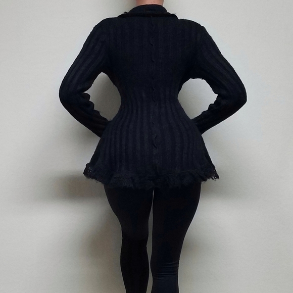 FORLA Paris Boho Goth Black Eyelet Lace Sequin Asymmetrical Tie-Waist Cardigan - Picture 3 of 16